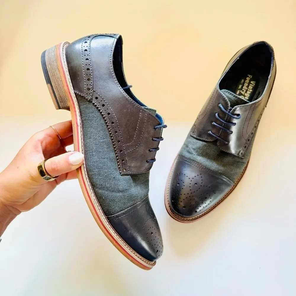 MENS VINTAGE FOUNDRY CO Navy Blue Perforated Toe Derby Oxford Lace Up Shoes 8.5